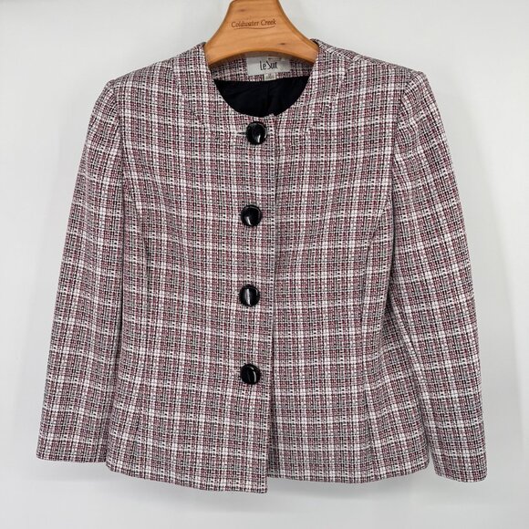 Le Suit Womens Plaid Button-Front Jacket Size 12 black red White Tweed career - Picture 2 of 14
